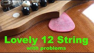 1980's Italian 12 String sunken body, damaged saddle, zero fret, removable neck. Unusual fixes.
