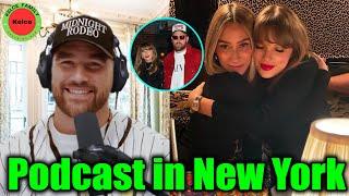 Travis Kelce happily mentions Taylor Swift at Ashley Avignone birthday party on Podcast in NYC