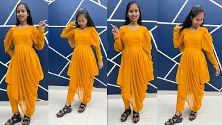 Unique Cowl Dress Design/ Dhoti Frock Cutting and Stitching/ Haldi Ceremony Yellow  Dress Tutorial