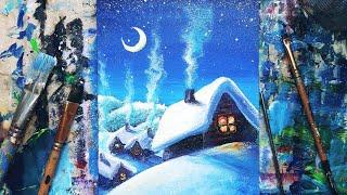 Village houses, snow, moon | Draw a dream winter