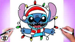 How To Draw Stitch Wrapped In Christmas Lights | Christmas Drawing Tutorial