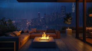 Cozy Balcony Ambience with City View - Fireplace, Rain Sounds For Deep Sleep, Healing Insomnia