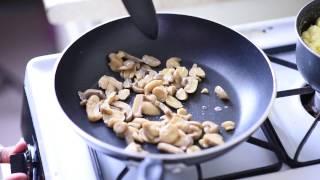 Food hack with canned ravioli, powdered mash potatoes, and canned mushrooms