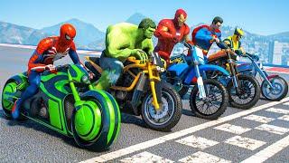 SPIDERMAN & Hulk w/ ALL SUPERHEROES Racing Motorcycles Event Day Competition Challenge - GTA 5 #273