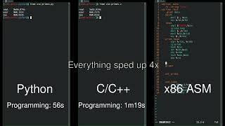 Python vs C/C++ vs Assembly side-by-side comparison