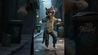 poor cute cat performing the famous motorcycle dance in the street night