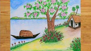 How to draw scenery of spring season step by step