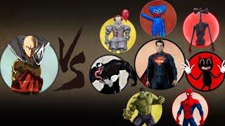 Saitama Vs Hulk, Superman, Spiderman, Venom, Cartooncat, Pennywise, Sirenhead, Huggy Wuggy