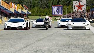 Kawasaki Ninja H2R Supercharged vs Lamborghini Veneno vs Ferrari Daytona SP3 at Old SPA