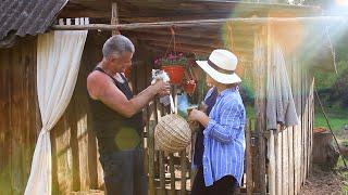 Life in the village. Meeting kittens. Cooking a village dinner over a fire. Forest house