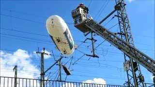 Eisenbahn TV - Mini-Werbe-Zeppelin für PAN fliegt in Oberleitung, Bergung durch die Feuerwehr