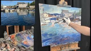 KYLE BUCKLAND Oil Painting Landscape Art DEMO Impressionism Time Lapse Demonstration BOATS HARBOR