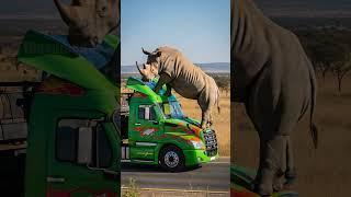 A rhinoceros stops a semi-truck on the highway from going over a damaged bridge!