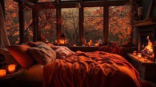 Relax in a Cozy Bedroom with Soft Autumn Rain and Fireplace Comfort