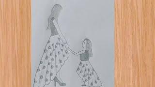 Mother Daughter Twining Drawing step by step| Tutorial | Mother's Love Drawing