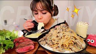 ASMR CREAMY FETTUCCINE, MEDIUM RARE STEAK, STRETCHY CHEESE & CAKE 먹방 MUKBANG