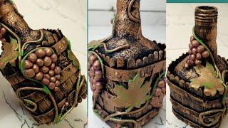 Antique bottle art with Air Dry Clay/Popsicle sticks|Wine Barrel Bottle Art|Grapes on Wine Bottle