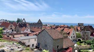 Sweden Walks: gorgeous Visby. Viewing point Norderklint to St Maria medieval cathedral. Gotland.