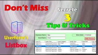 Secrete 3 Excel Tips & Tricks of Listbox | Hide Column of Listbox in Runtime| Userform | Listbox Vba