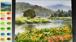 Without Sketch Landscape Watercolor- River in Bloom (color name view, watercolor material)NAMIL ART