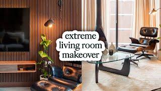 EXTREME modern living room makeover | Eames chair, slat wall & DIY fireplace