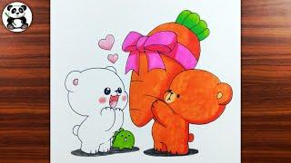 Cute two bear with big carrot vegetable drawing and colouring | cute animals art's