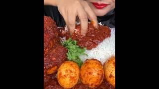 ASMR EATING SPICY WHOLE CHICKEN CURRY, SPICY EGG CURRY, RED CHILLI, RICE FOOD VIDEOS