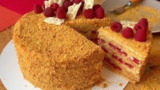 Honey cake Medovik with raspberries recipe // How to make a homemade cake