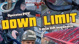 Tower Crane Operator POV split screen. Construction crane works with experienced Rigger. Smooth.