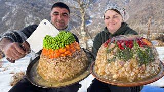 Frozen Soup cooked in Snowy Mountains! Jelly with Meat