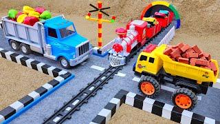 Crane truck rescue construction vehicle and sand leveling with excavator dump truck - Toy car story