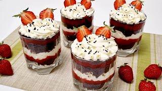 Light strawberry dessert. Cake in a glass. Strawberry trifle.