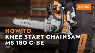 STIHL MS 180 C-BE | How to knee start your chainsaw | Instruction