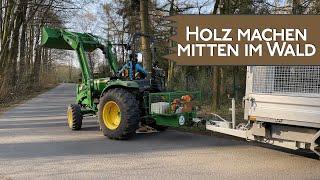 Brennholz machen mit John Deere 4049M + Stihl MSA 220 + Humbaur HTK 3500.31 mitten im Wald