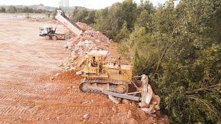 Incredible Stone Filling Up Flooded Area Using Heavy Machine Dozers And Dump Trucks Teams Operated