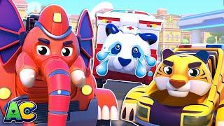 Tiger POLICE Car and Elephant FIRETRUCK help the AMBULANCE! | Cars Rescue Team