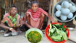 100 years old grandma cooking KACHU SHAK with egg curry and eating together || typical life india