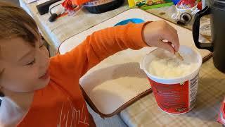 Simon dips his teddy grahams in french onion dip