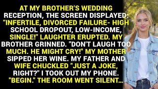 AT MY BROTHER'S WEDDING RECEPTION, THE SCREEN DISPLAYED: "INFERTILE, DIVORCED FAILURE- HIGH SCHOOL