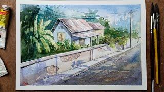 Watercolor landscape painting for beginners | Abandoned house | PS Art Gallery