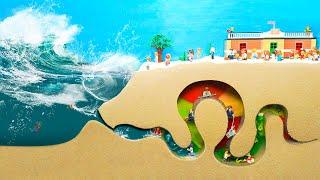 Trapped in a Flooded Snake Shaped Cave - TSUNAMI Dam Breach Experiment - LEGO Flood Disaster