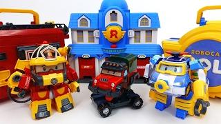 Transforming Police Car Poli Fire Truck Roy Robocar Rescue Station & Transforming Base Playset