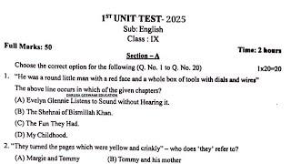Assam Class 9 1st Unit Test Exam 2025 English Question paper. Seba Board Assam. f9i5j4 p8a7b9