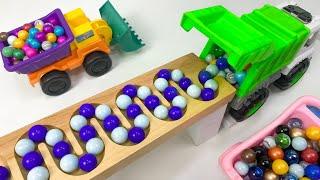 Marble Run ASMR Race  HABA Slope & Dump Truck Excavator Ambulance Forklift Garbage Truck Tractors#1