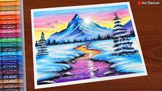 Winter Mountain Landscape Drawing with Oil Pastels | Step-by-Step Tutorial