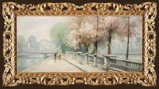 Flowering Trees Along the River, Vintage Oil Painting | Framed TV Art