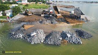 OMG!!LandSlip 10m In Deep Water And Get Repair By Dump Truck With Wheel Loader Dozer Pushing Stone