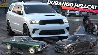 2024 Dodge Durango SRT Hellcat vs. Subaru WRX & Chevy Nova: A Drag Race Battle