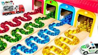 Marble Run ASMR Race  HABA Slope & Dump Truck Excavator Ambulance Forklift Garbage Truck Tractors31