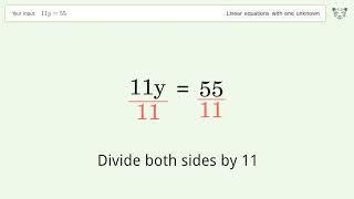 Linear equation with one unknown: Solve 11y=55 step-by-step solution